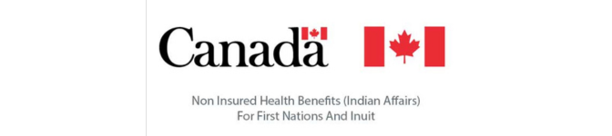 Logo with the word Canada alongside two red maple leaf flags, and text below reading: Non Insured Health Benefits (Indian Affairs) For First Nations And Inuit. STG-Health