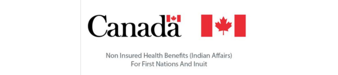 Logo with the word Canada alongside two red maple leaf flags, and text below reading: Non Insured Health Benefits (Indian Affairs) For First Nations And Inuit. STG-Health