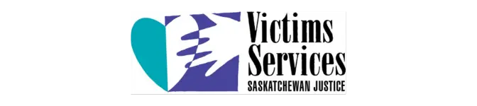 Victims Services Saskatchewan Justice logo with overlapping blue and purple hands forming a heart shape on the left and bold black text on the right. STG-Health