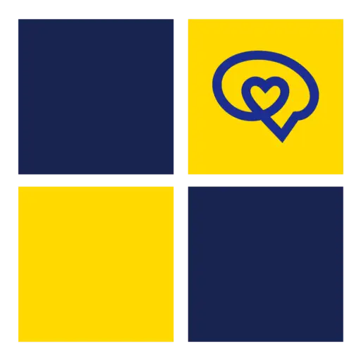 A grid of four squares: top left and bottom right are dark blue, top right and bottom left are yellow. The top right square has a blue speech bubble with a heart inside. STG-Health