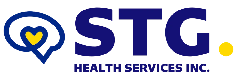 Logo for STG Health Services Inc. featuring a speech bubble with a heart inside on the left, the letters STG in bold blue, and a yellow dot at the end. Health Services Inc. is written below in blue. STG-Health