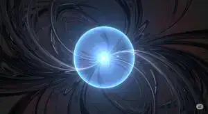 A glowing blue sphere radiates light at its center, surrounded by swirling dark, metallic lines on a gradient background, creating an abstract, futuristic effect. STG-Health