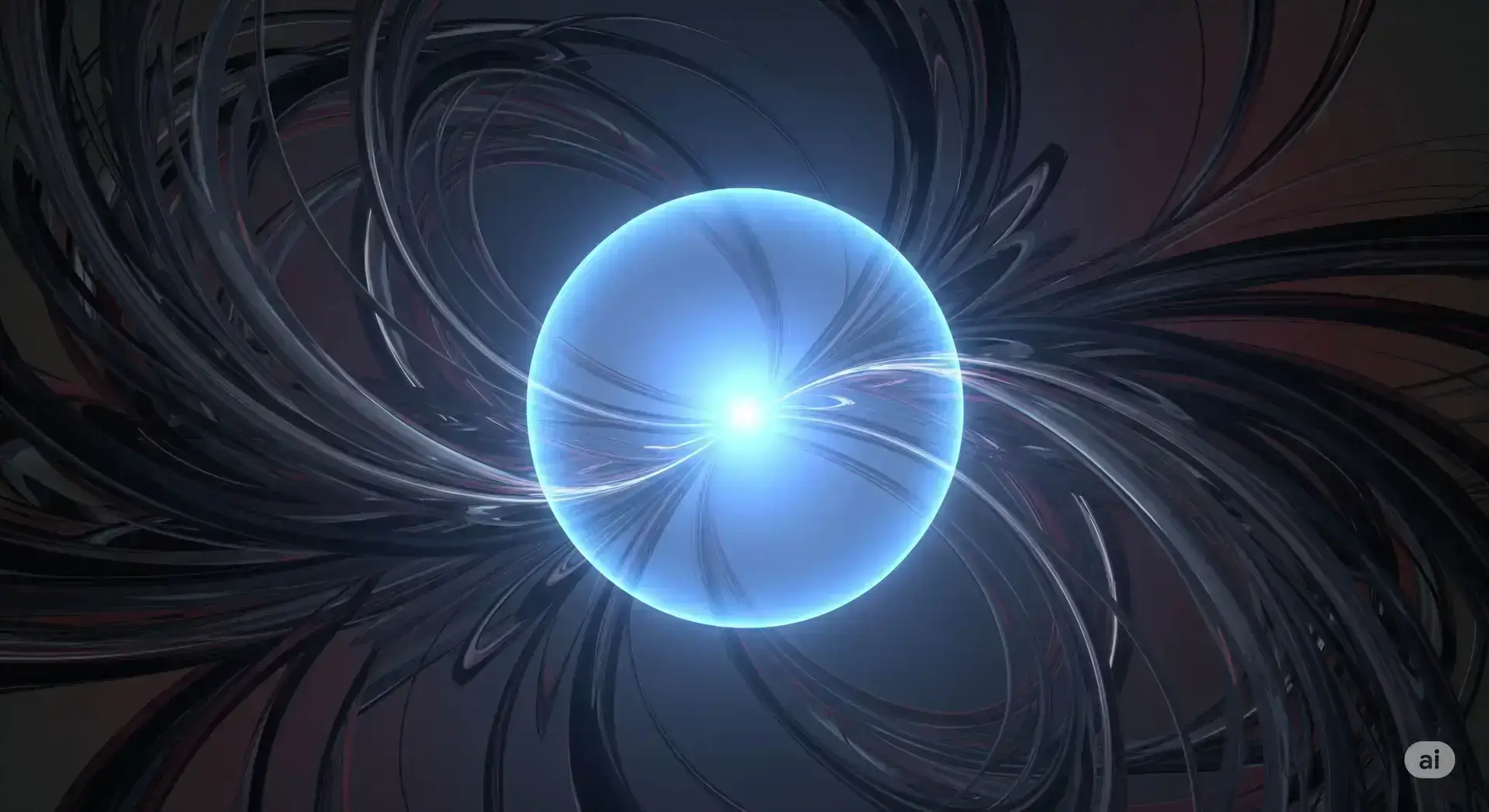 A glowing blue sphere radiates light at its center, surrounded by swirling dark, metallic lines on a gradient background, creating an abstract, futuristic effect. STG-Health