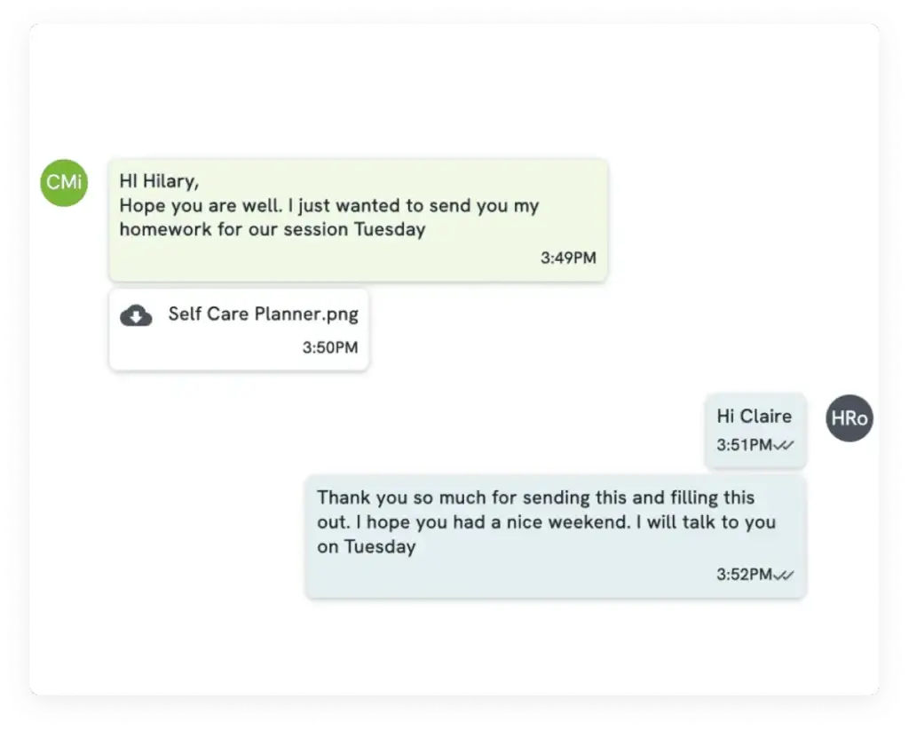 A chat exchange shows Claire sending a file named Self Care Planner.png and a message to Hilary about homework for their Tuesday session. Hilary thanks Claire and says shell talk to her on Tuesday. STG-Health