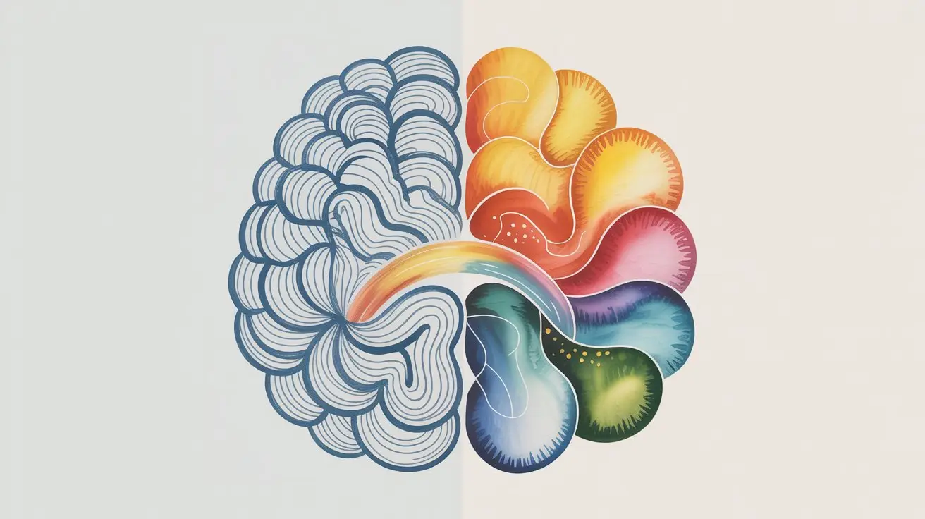 A stylized brain illustration split in half: the left side is blue with geometric, linear patterns; the right side is colorful with organic, flowing shapes, representing logical and creative thinking. STG-Health