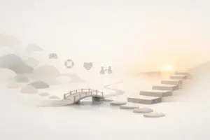 A serene, pastel illustration shows a bridge over water leading to stone steps that ascend toward a sunrise. Faint icons of a lotus, a life ring, a heart, and two people appear above the landscape, evoking tranquility and support. STG-Health