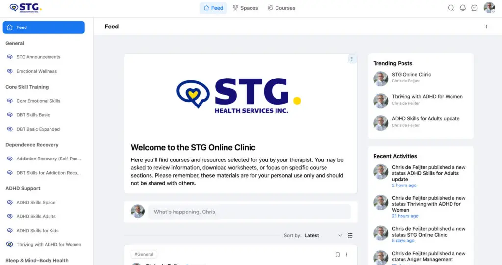A dashboard of the STG Online Clinic platform shows a welcome message, navigation menu on the left, trending and recent posts on the right, and a central feed section with a logo and introductory text. STG-Health