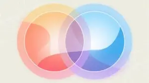 Two overlapping circles, one orange and one blue, create a purple shaded area in the center. The circles have a soft, transparent, gradient effect on a pale background with faint organic line patterns. STG-Health