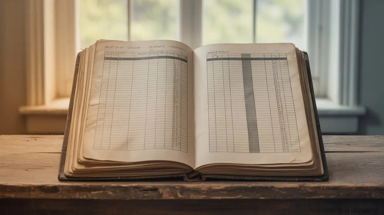 An open ledger book with columns and handwritten entries sits on a wooden table in front of two sunlit windows, creating a warm and nostalgic atmosphere. STG-Health