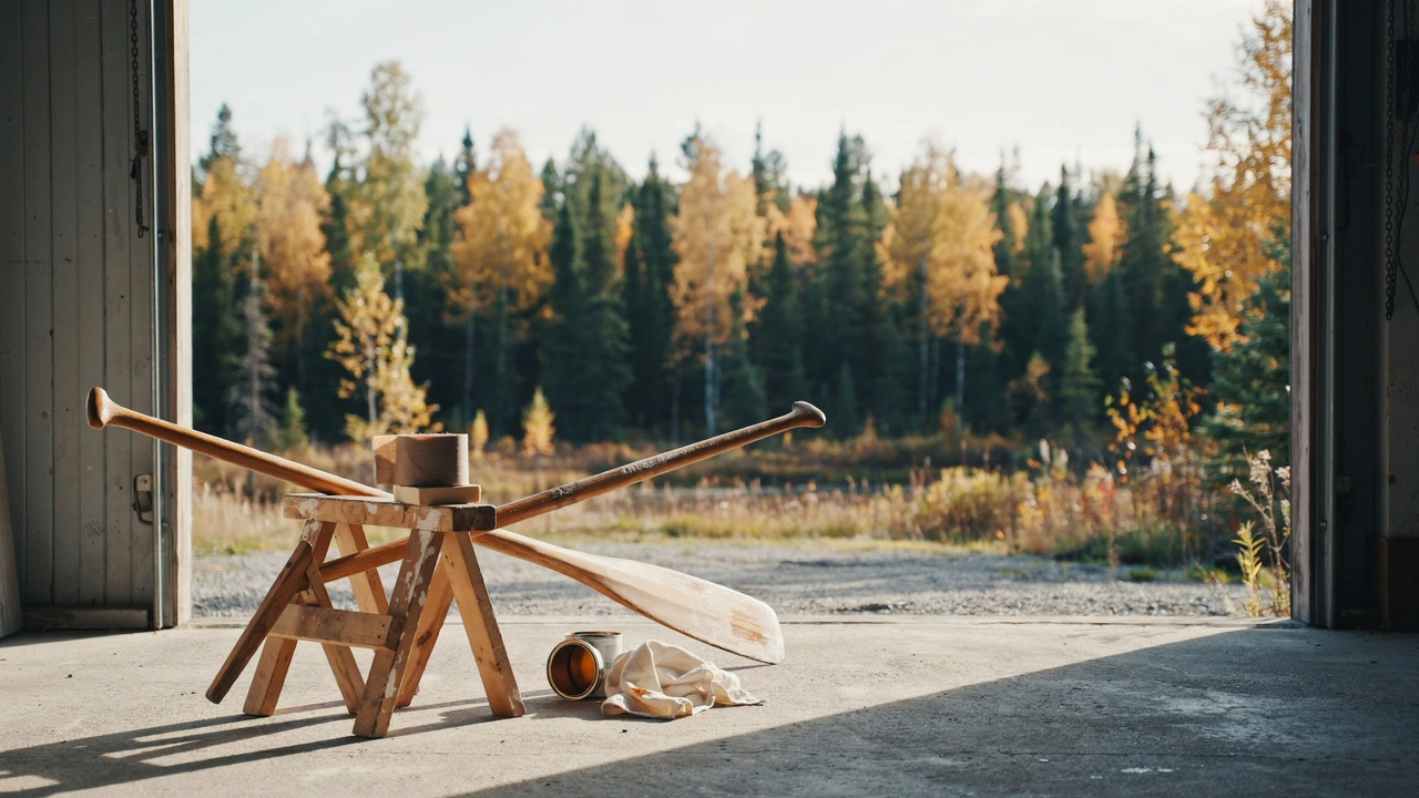A worn wooden canoe paddle being sanded and re-varnished on sawhorses, with an autumn boreal forest in the background