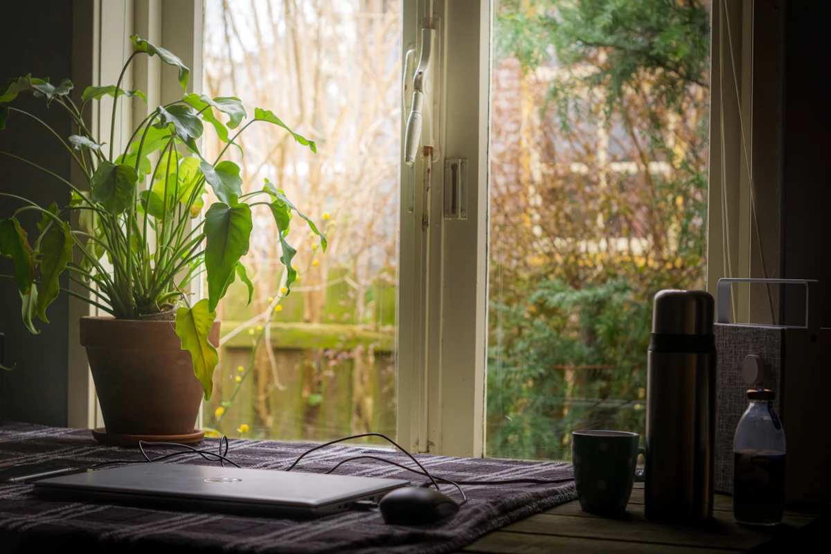 Quiet home office with a long view, representing DBT progress, treatment duration and steady change over time.